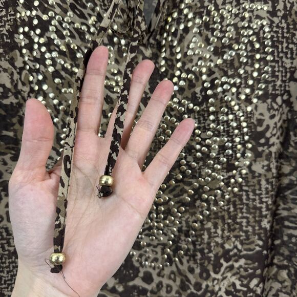 Maggie Barnes Brown Cream Animal Print Sheer Studded Top Size 0X 16W Boho - Picture 8 of 13
